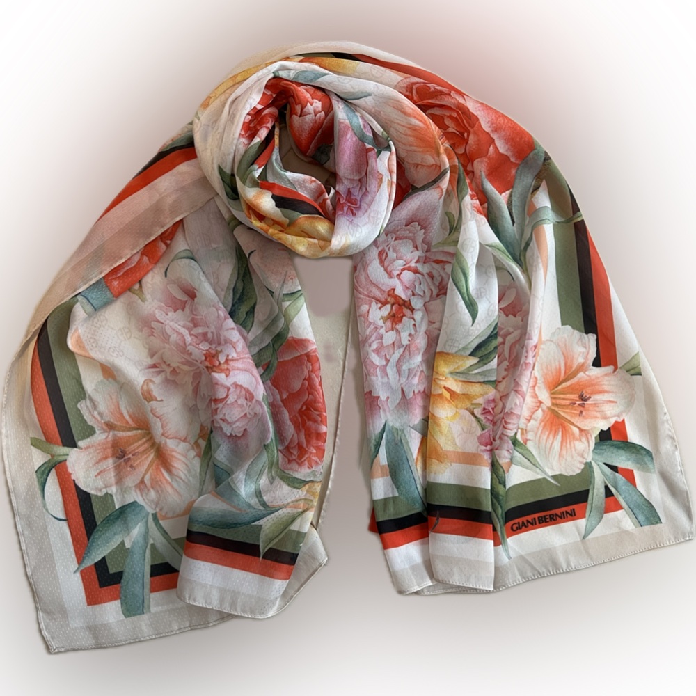 🌸🪷GIANI BERNINI Signature Tropical Hibiscus Floral Print Scarf—Est. 25.5”x 71”